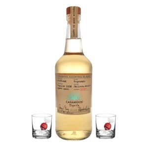 Casamigos Reposado with two shot glasses and chocolate truffles