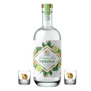 Rancho La Gloria Jalapeno Lime Infused Tequila with two shot glasses