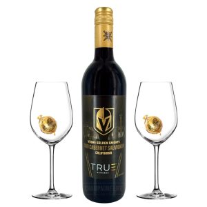 Vegas Golden Knights Cabernet Sauvignon with two wine glasses and chocolate truffles.